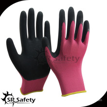 SRSAFETY 13G pink nylon palm coated pink liner black foam latex glove